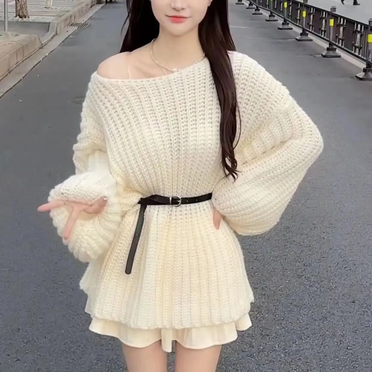 Áo Len Trễ Vai Cổ Áo, Màu Pastel Dài Trung Bình Dành Cho Nữ, Hàng Mới Về Mùa Thu Và Mùa Đông, Thắt Lưng Mềm Mại, Bột Mềm, Dáng Rộng Và Thường Ngày, Áo Len Thời Trang Women Top