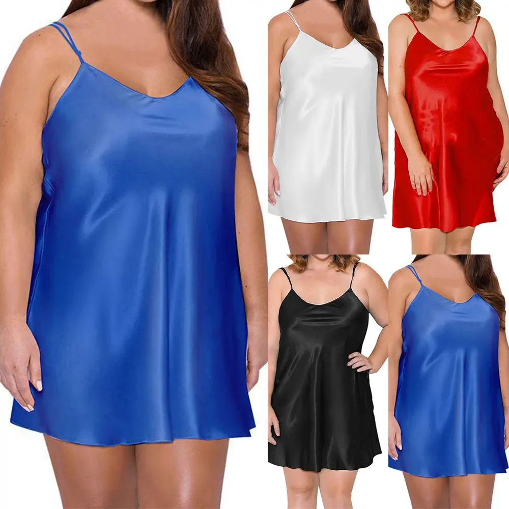<Yqueenmall Hot> Plus Size Women Sexy Lingerie Nightgown Satin Silk Robe Mini Dress Sleepwear