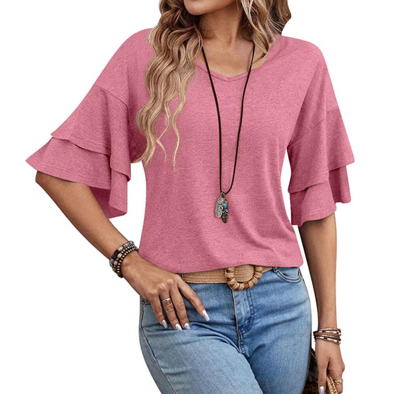 Womens Blouses Ruffle Short Sleeve T Shirts V Neck Summer Fashion ...