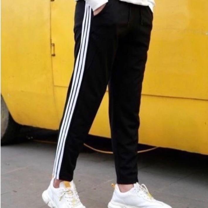 Quần thể thao nam nữ 2, 3 Sọc Quần nam nữ Thu Đông chất dày co giãn ống suông mặc nhà mặc thể dục (35-90Kg)