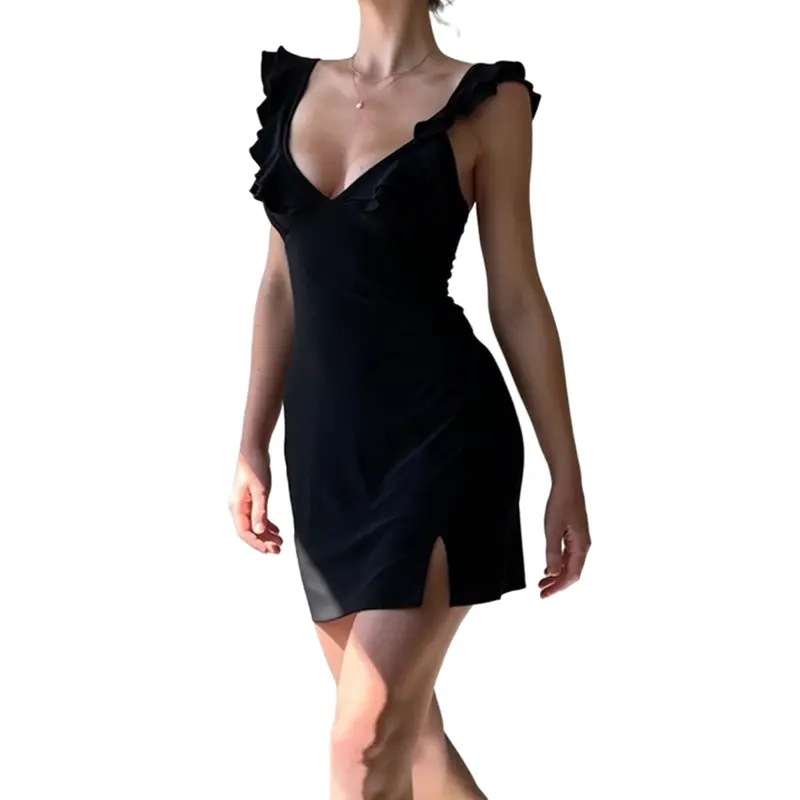 Women´s Summer Sleeveless Ruffled Dress, Solid Color Deep V Neck Tie-Up Slit Hem Slim Fit Mini Dress for Party Casual Polyester