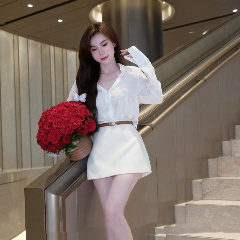 Set Áo Sơ Mi Kèm Chân Váy Chữ A Ngắn Xòe Tina Store Kèm Dây Nịt Da Tôn Dáng, Sang Trọng, Dạo Phố, Hẹn Hò - Nữ