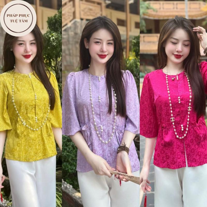 Đồ đi chùa nữ cổ tròn túi tiền lụa gấm mềm mịn Đồ lam đi chùa tay lỡ Pháp phục đi lễ cách tân lụa gấm cao cấp, sang trọng Áo Top Kem