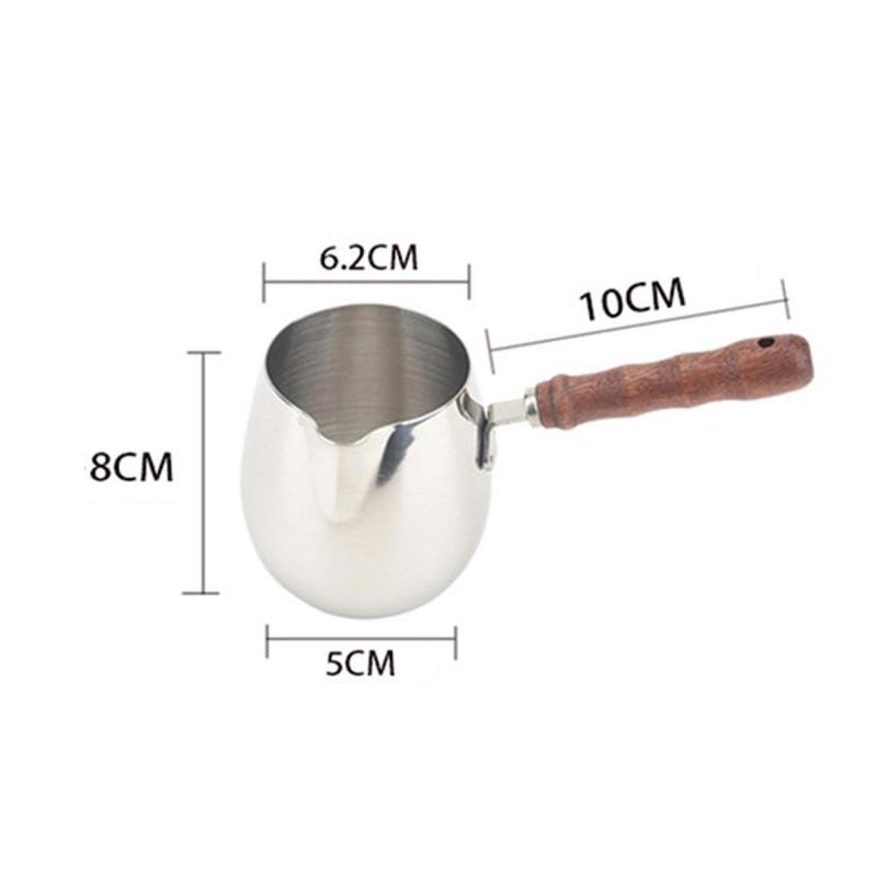 Product Introduction of Stainless Steel Milk Frothing Jug Wooden Handle for Cappuccino Latte Sturdy Heat Resistant Handle Versatile Butter Melting Pot 0