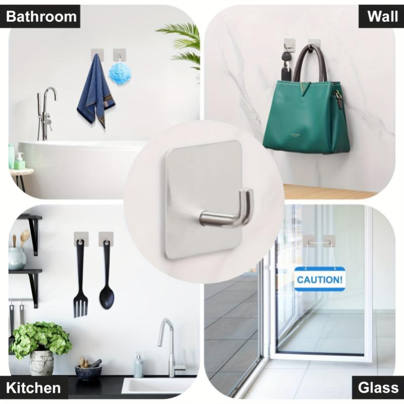 1/2/4/6/12pcs Heavy Duty Adhesive Hooks, Towel Hooks, Stick On Hooks, Wall Hangers, Waterproof Stainless Steel Sticky Hooks For Bathroom Kitchen Home 5