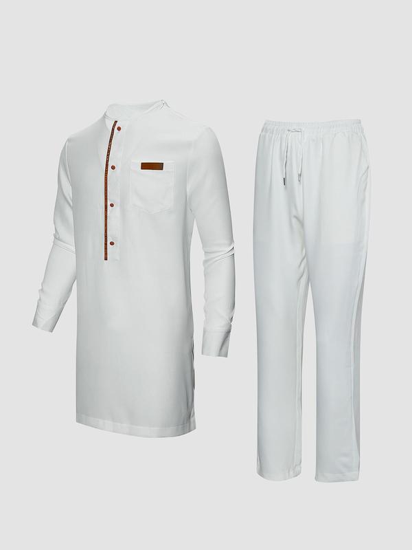 Men's Contrast Binding Split Hem Two-Piece Set, Regular Fit Traditional Fake Buttons Top & Elastic Waist Pants, Traditional Outfits, Men's Two-Piece Outfits For Party 2