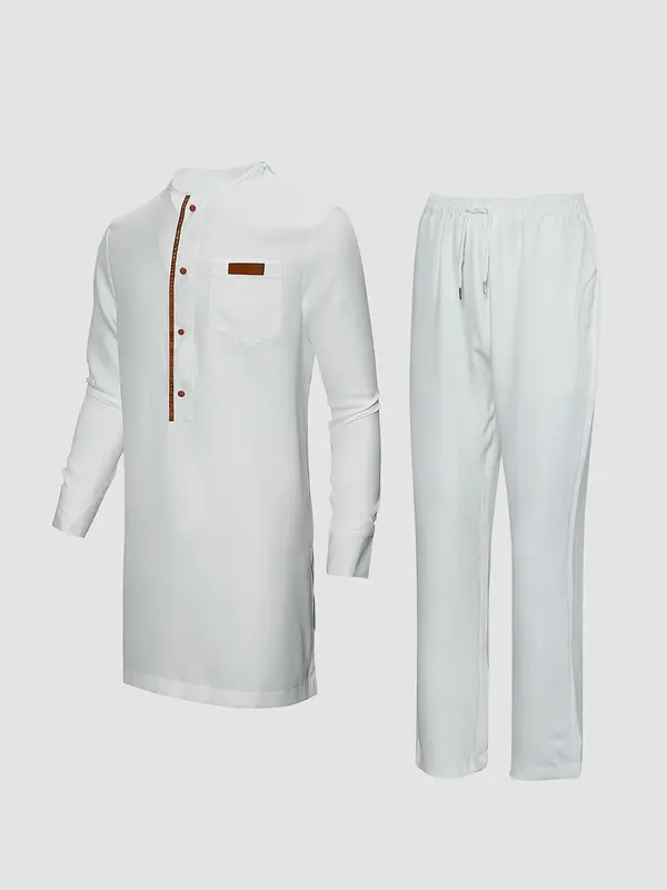 Men's Contrast Binding Split Hem Two-Piece Set, Regular Fit Traditional Fake Buttons Top & Elastic Waist Pants, Men's Two-Piece Outfits For Party 2