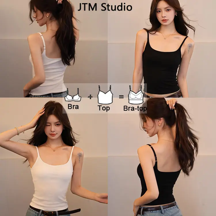 2 IN1 BRA-TOP 91% Lyocell Tencel Camisoles with chest pad Bra+vest all-in-one Low-U back basic top