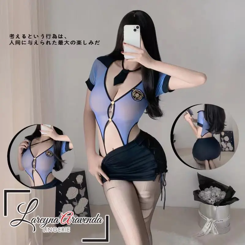 Set Lingerie Kostum Seragam Polisi Biru Terawang LG656