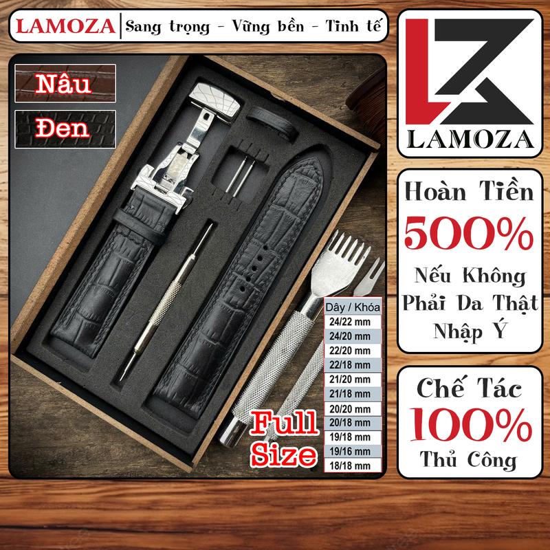 Dây đồng hồ da bò thật nhập khẩu Ý dập vân cá sấu, Dây đồng hồ nam nữ LAMOZA DHSG 01 chế tác thủ công đủ màu và kích thước theo yêu cầu