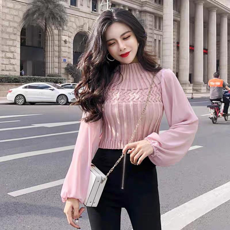áo len croptop dáng ngắn tay bồng cổ 3 phân