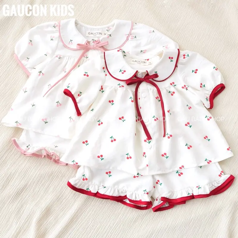 Bộ mặc nhà bé gái hoạ tiết CHERRY cổ tròn phối viền chất liệu đũi mềm cho bé 8-30kg