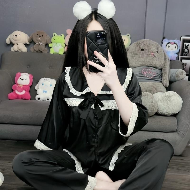 Bộ Đồ Ngủ Nữ Tay Lửng Lụa Latin Mềm Mịn Cổ Bèo Phối Nơ Tiểu Thư Freesize 40-60kg pizamanu