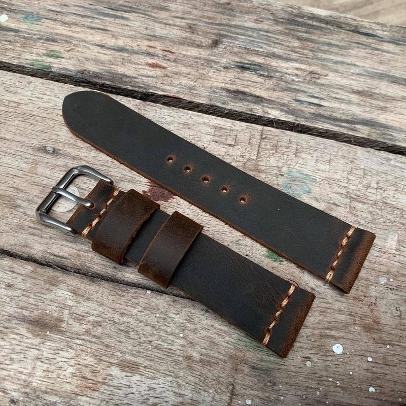 Dây đồng hồ da bò sáp màu nâu đậm, handmade. HT1