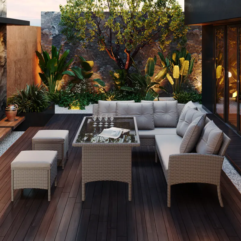6-7 Seater Rattan Corner Sofa Set with Coffee Table - Mixed Khaki Wicker Garden Furniture - All-Weather Patio Set with Removable Light Cushions Chairs Couches 3