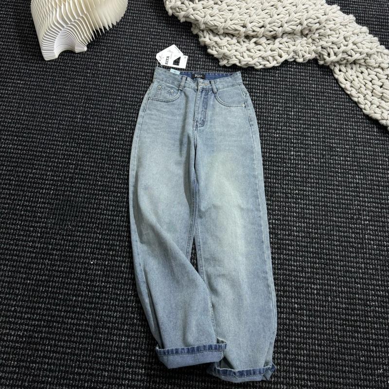 (RITA JEAN)A40 Quần Bò Nữ Màu Xanh Trung Trắng Bụi Lạ Lưng Cao Vải QC Mềm Mịn Không Giãn Lai Cuốn RiTa 1