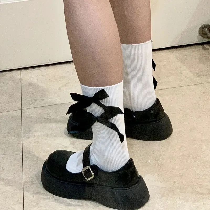 Tất Kawaii, Phong Cách Y2K, Thiết Kế Thắt Nơ Ngọt Ngào Thích Hợp Cho Mùa Xuân Và Mùa Hè, Harajuku JK Lolita, Tất Trắng Dễ Thương, Phong Cách Nhật Bản, Dành Cho Phụ Nữ Và Trẻ Em Gái, Tất Ống Giữa 1