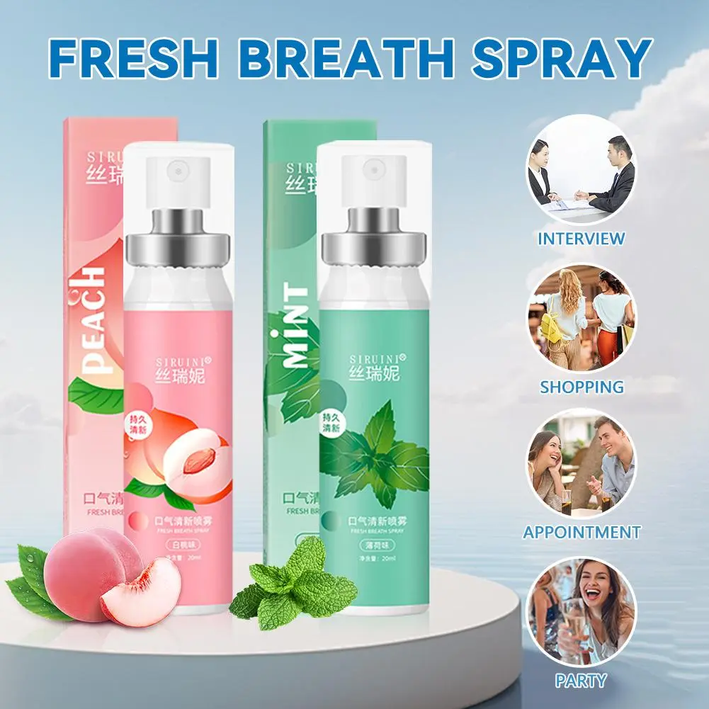 Xịt miệng, SIRUINI, Hương vị trái cây tươi, tươi lâu, để loại bỏ hơi thở có mùi, với hương vị đào và bạc hà, Xịt chăm sóc răng miệng