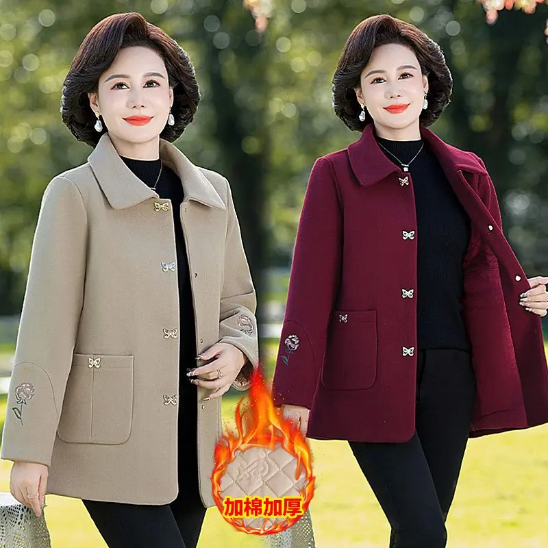 Áo Khoác Len Bông Cho Mẹ, Bộ Sưu Tập Thu Đông Mới, Phong Cách Trung Quốc Cao Cấp Trung Niên, Dáng Rộng Rãi, Phong Cách Phương Tây, Áo Khoác Có Đệm, Phổ Biến 0