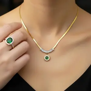 Set Aksesoris Titanium Green Stone Kalung Mata Hijau Pipih Dan Cincin Eshana Adjust Koyara Jewelry