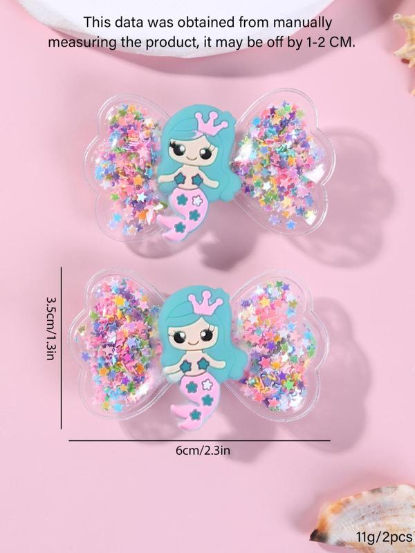 2pcs Cute Cartoon Mermaid Princess Design Hair Clip, Cute Bowknot Decor Hair Accessories For Girls, Quicksand Sequin Design Headwear 3