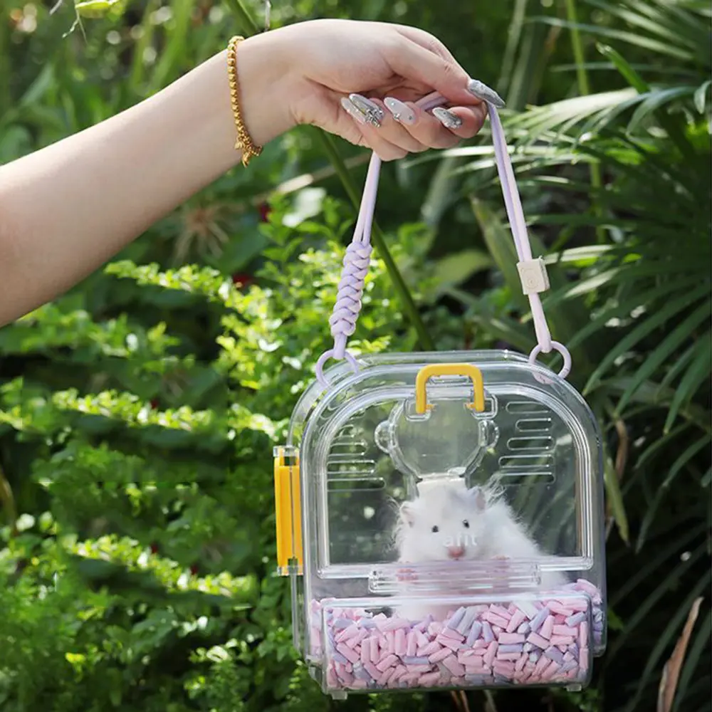 Lightweight Portable Pet Outgoing Cage Breathable Detachable Travel Hamster Carrier with Cage Cover Comfortable Handle Small Animal Carry Case Squirrel