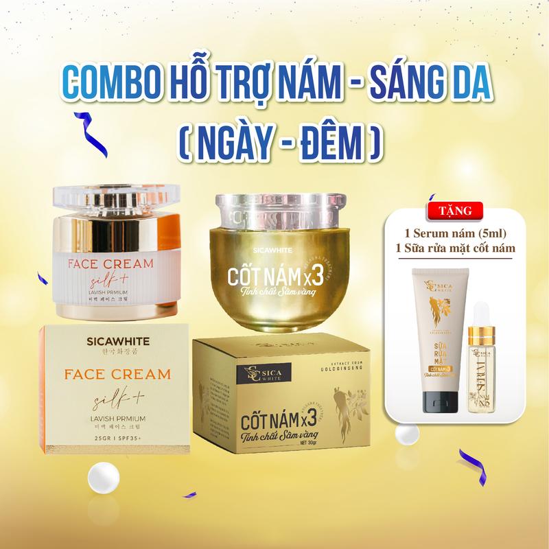 [D57] [NGÀY & ĐÊM ] Kem Lụa Sica (25gr) + Cốt Nám X3 (25gr) Tặng Sữa Rửa Mặt Nám (100ml) + Serum Nám (5ml)