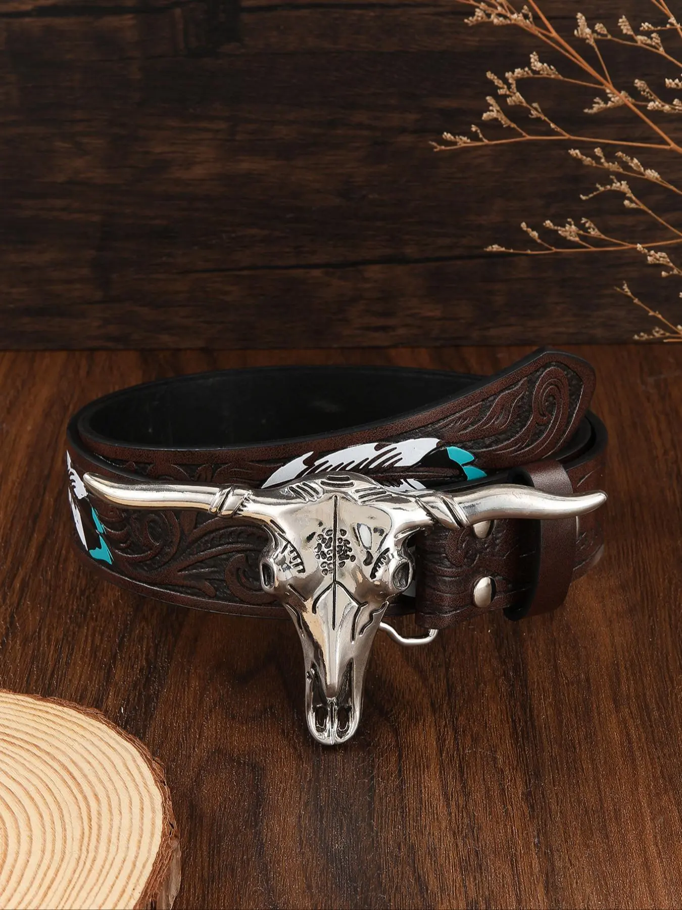 Vintage Western Cowboy Style Feather Design Belt, Fashionable PU Leather Belt for Men & Women, Casual Waistband for Jeans Trousers