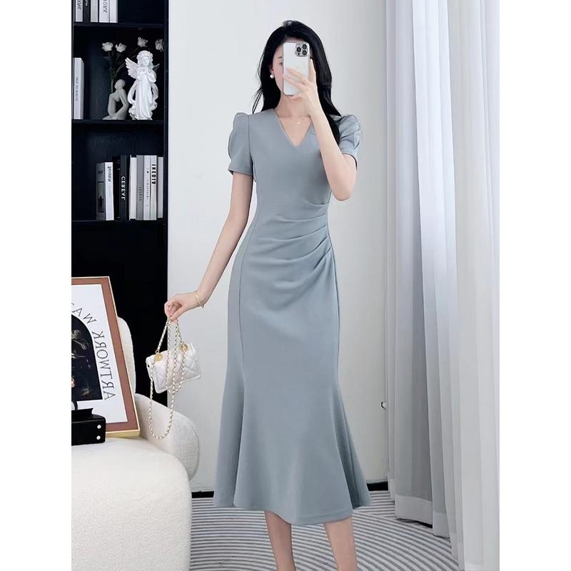 7892 summer dress biru langit korean style formal dress gereja wanita kristen elegant midi dress lengan pendek 0