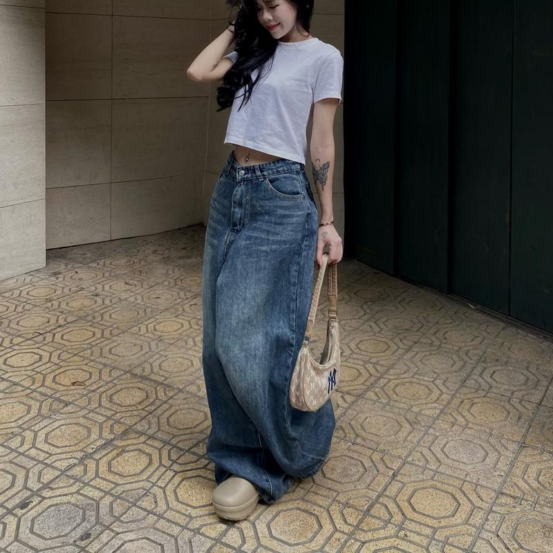 Quần Jeans Nữ Xuông Ống Rộng Thụng Túi Sau Lệch Wash Màu [Q006] Women Pants Ong Voi 3