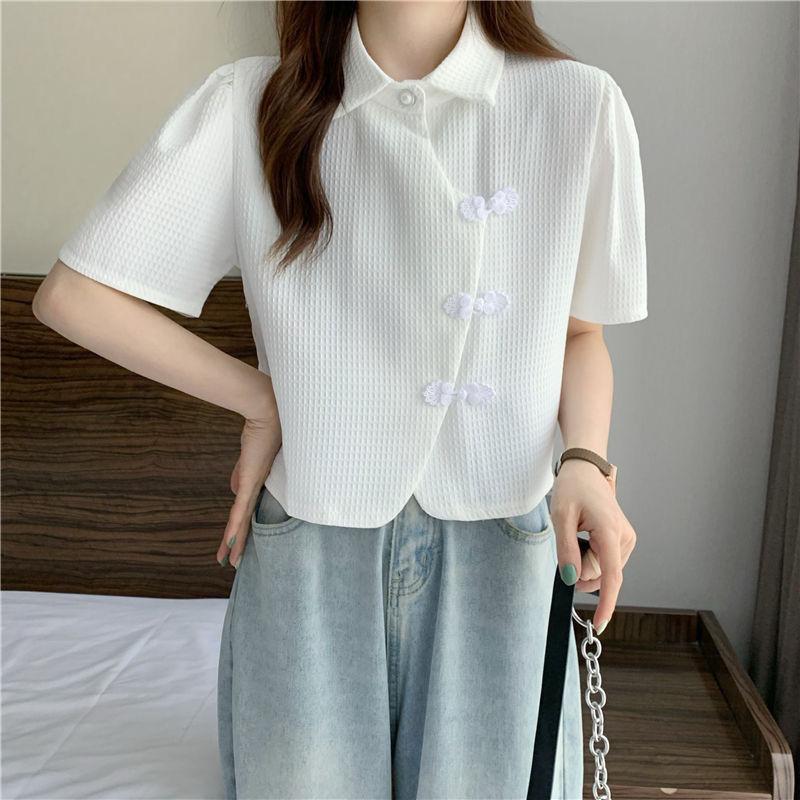 Product Introduction of Cheongsam Button Polo Collar Short-Sleeved Shirt Women's Summer 2025 New Design Sense Niche High-Grade Short Shirt Fashion Top Womenswear Blouse Lingerie Casual Comfort Basic Collared Minimalist 14