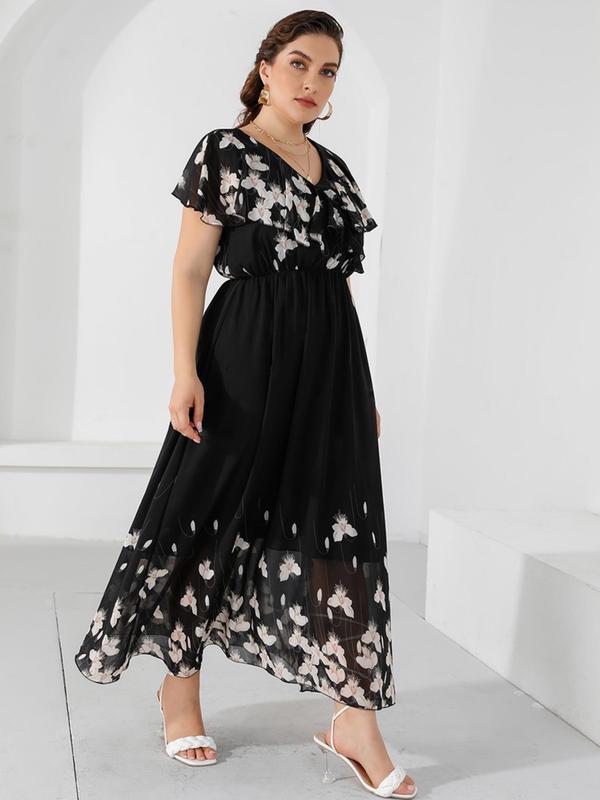 Plus Floral Print Ruffle Hem Flounce Sleeve Chiffon Long Dress, Summer Clothes Women, Casual V Neck Short Sleeve A Line Dress for Summer, Women's Clothes, Plus Size Women's Dresses 4