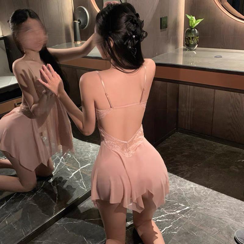 Váy ngủ xẻ ngực có gọng phối ren sexy bộ ngủ ren gợi cảm