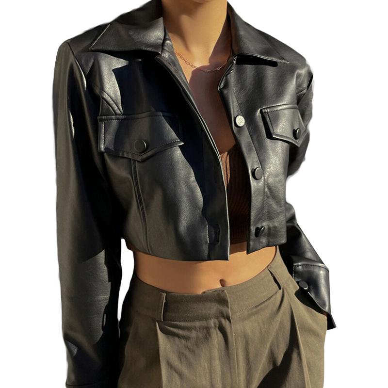 Women Crop Leather Jacket Solid Color Casual Long Sleeve Button Down Jacket Fall Outwear 3