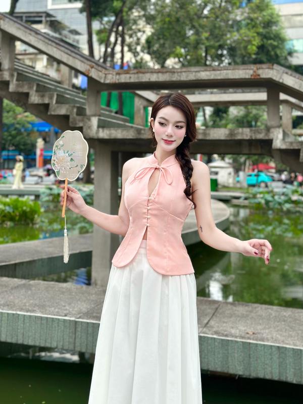 Set áo cổ yếm Tết và chân váy xoè form dài nữ tính - Set yếm Đào JUICY CLUB - Có tách set 7