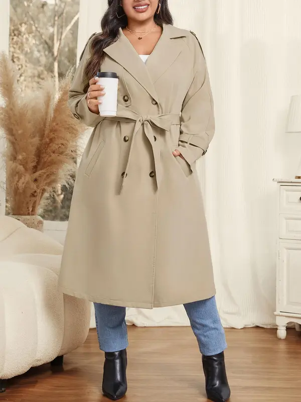 CURVZY Plus Size Solid Double Button Belted Trench Coat, Elegant Pocket Lapel Neck Long Sleeve Coat for Women, Women's Clothing for All Seasons 4