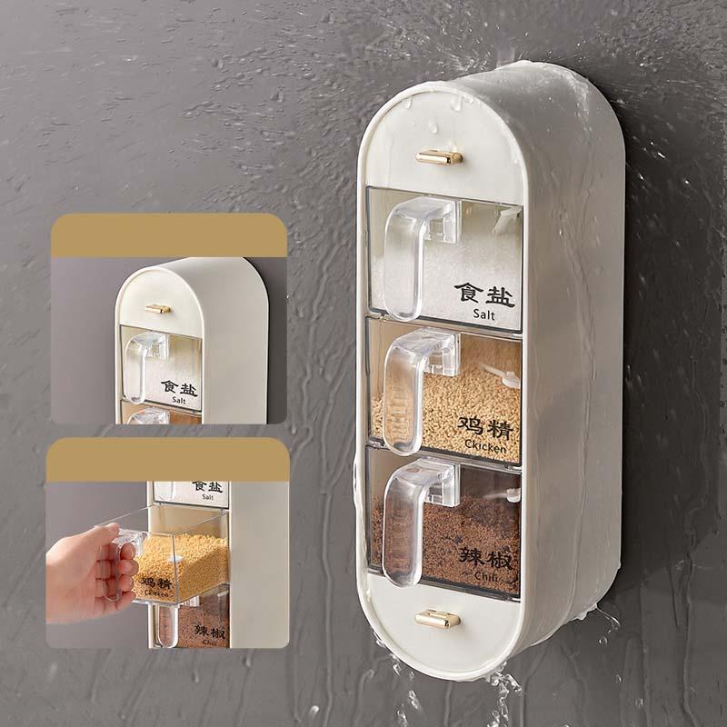 Creative and Convenient Kitchen Sugar and Salt Shaker Seasoning Container Box Household Wall-mounted Perforation-free Combination Shelf Storage Rack Spice Utensils Seasoning Box 1