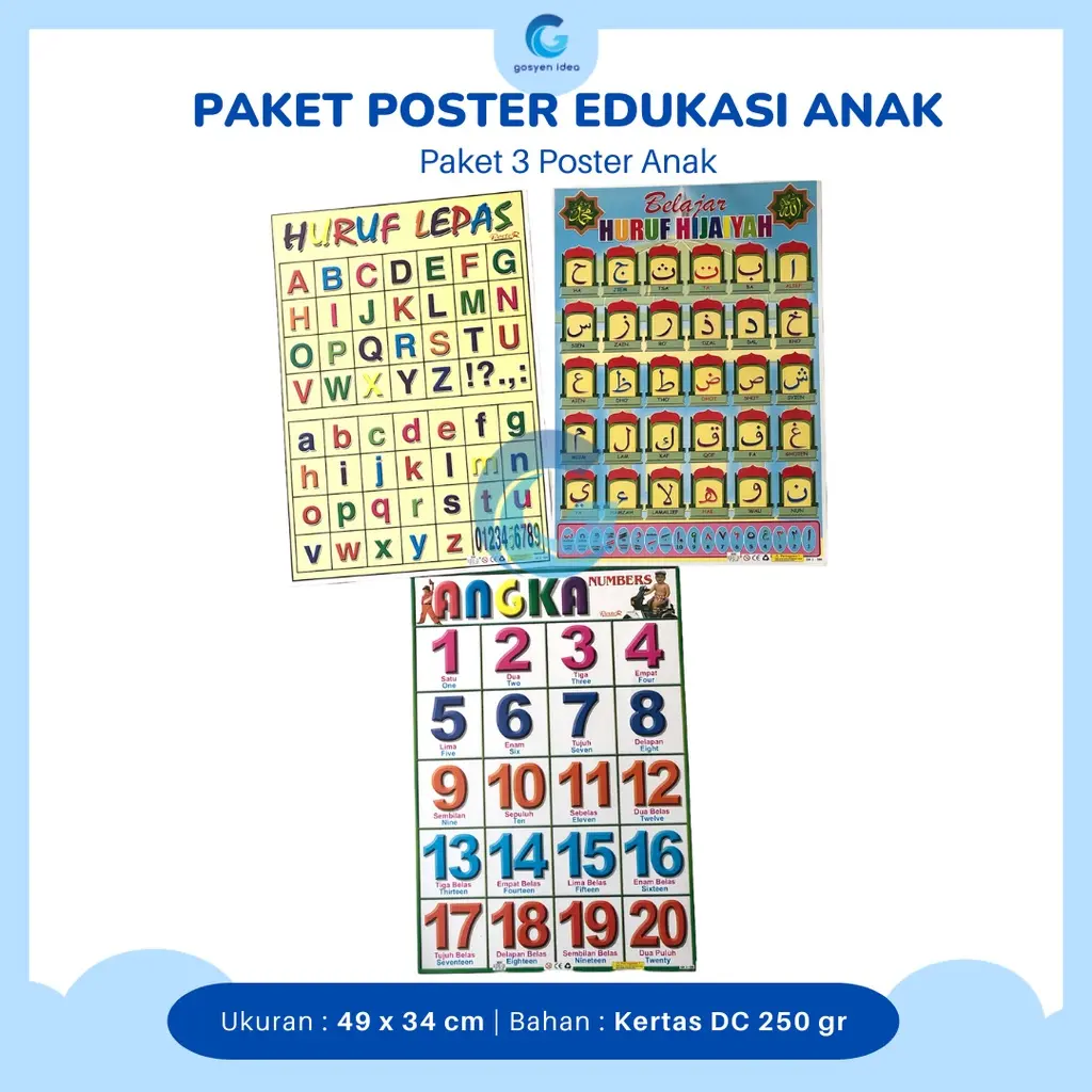 Paket 3 Poster Dinding Edukasi Anak Belajar Mengenal Hijaiyah, Angka ...