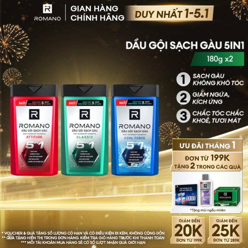 DUY NHẤT 1-5.1 ĐƠN 199K TẶNG 2 QUÀ Combo 2 Dầu Gội Sạch Gàu Dưỡng Tóc cho nam Romano Hương Nước Hoa 180g