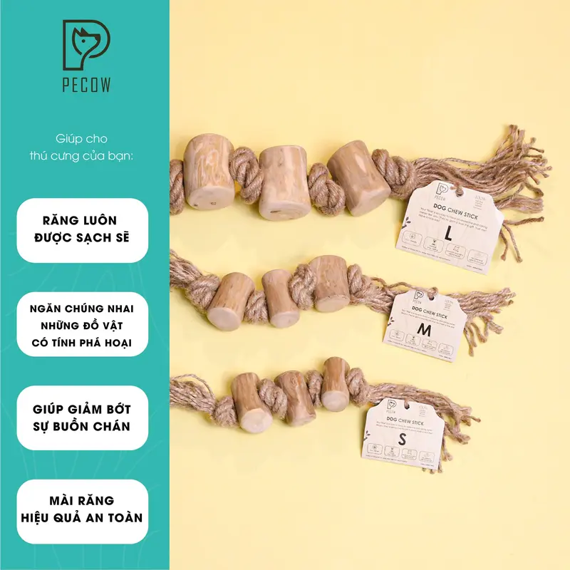 Pet Chew Stick - Đồ chơi cho thú cưng thắt nút bằng gỗ cà phê và dây thừng bản 3 cục Size L cat toys 3