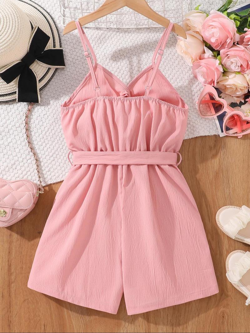Product Introduction of Girl's Solid Belted Cami Romper, Casual Sleeveless Romper for Summer, Kids Clothes for Daily Wear 2