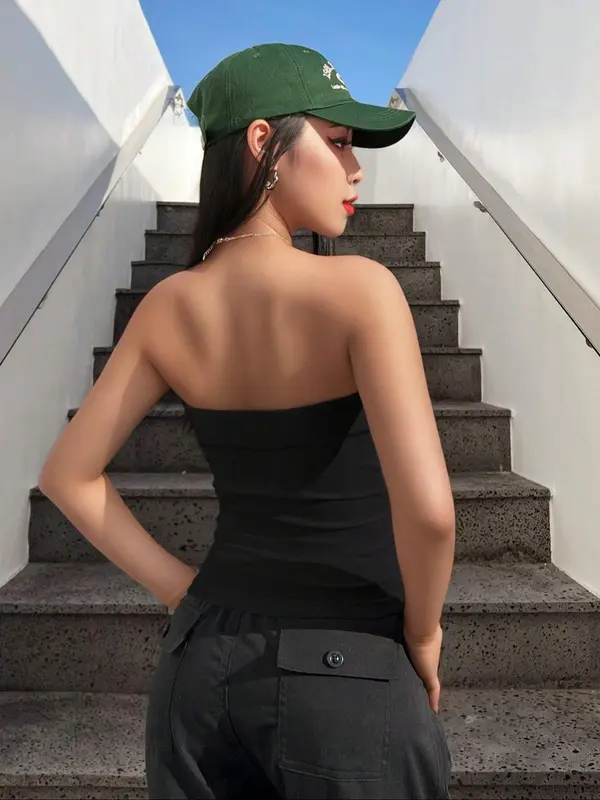 Women's Solid Backless Tube Top, Casual Strapless Ribbed Top, Ladies Summer Clothes for Daily Wear 4