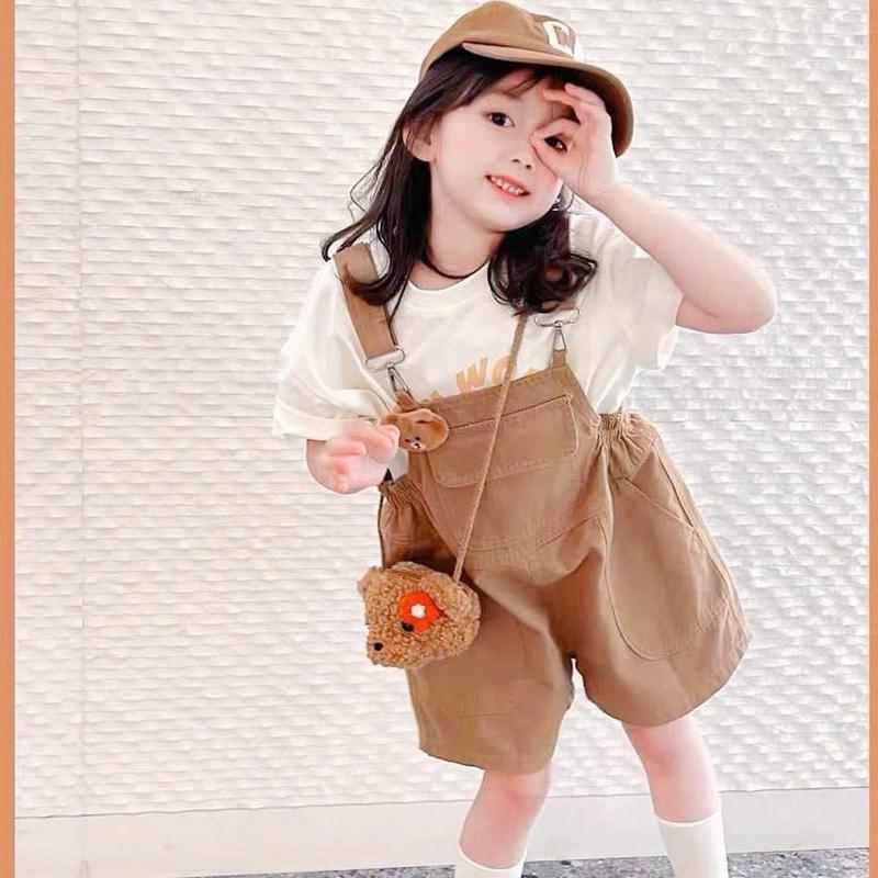 (SHOPMESOCKIDS) Sét áo phông +quần yếm nâu cho bé trai bé gái 8 đến 25kg