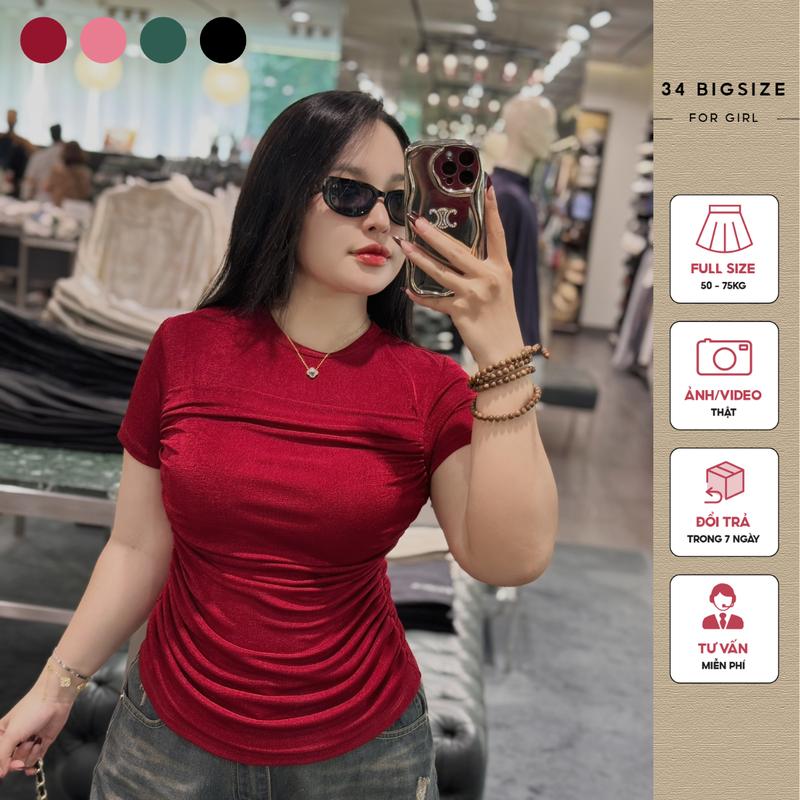 Áo thun nhún ngực 34AT023 34 Bigsize, áo thun cát mịn co giãn, áo kiểu bigsize chiết eo tôn dáng cho nữ