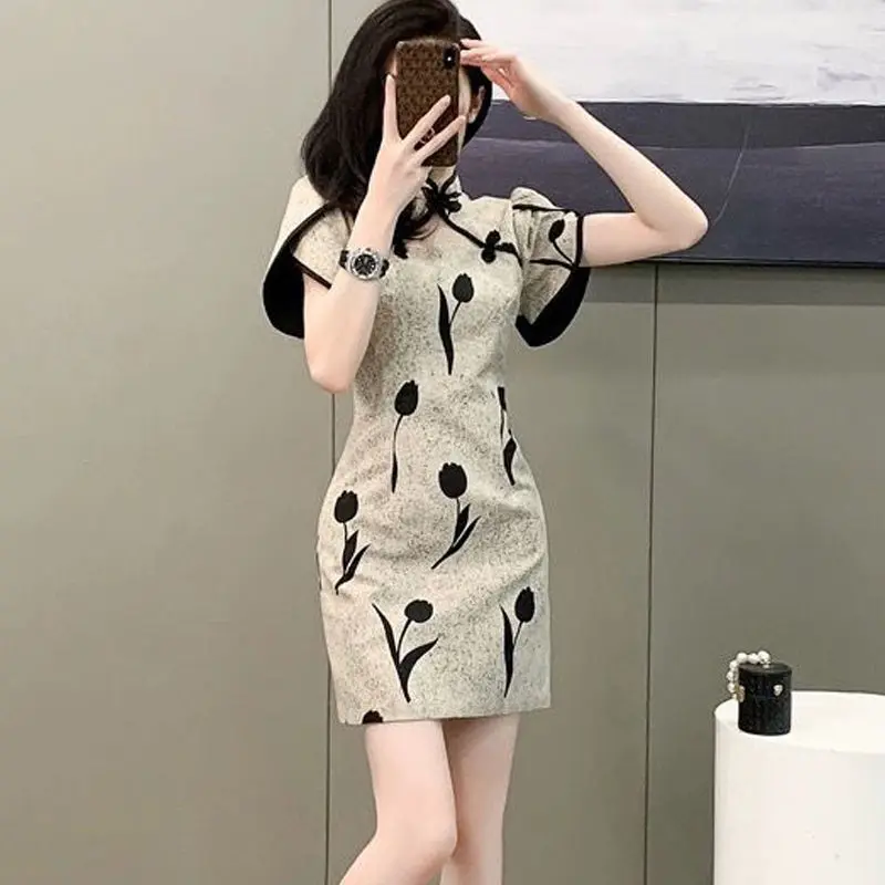 Improved cheongsam tulip print women's dress 2024 summer new Chinese style temperament waist a-shaped skirt