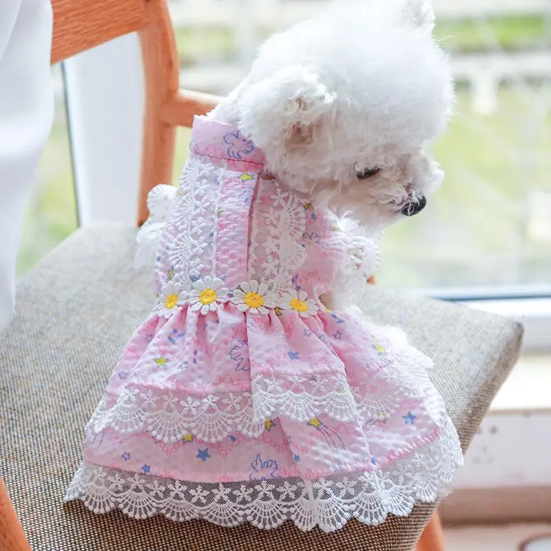 Cat Floral Print Lace Pet Dress, 1 Count Elegant Princess Style Summer Dog Dress for Small Girl Puppies Doggies Kittens, Fashionable Pet Clothes Dogs Outfit 3