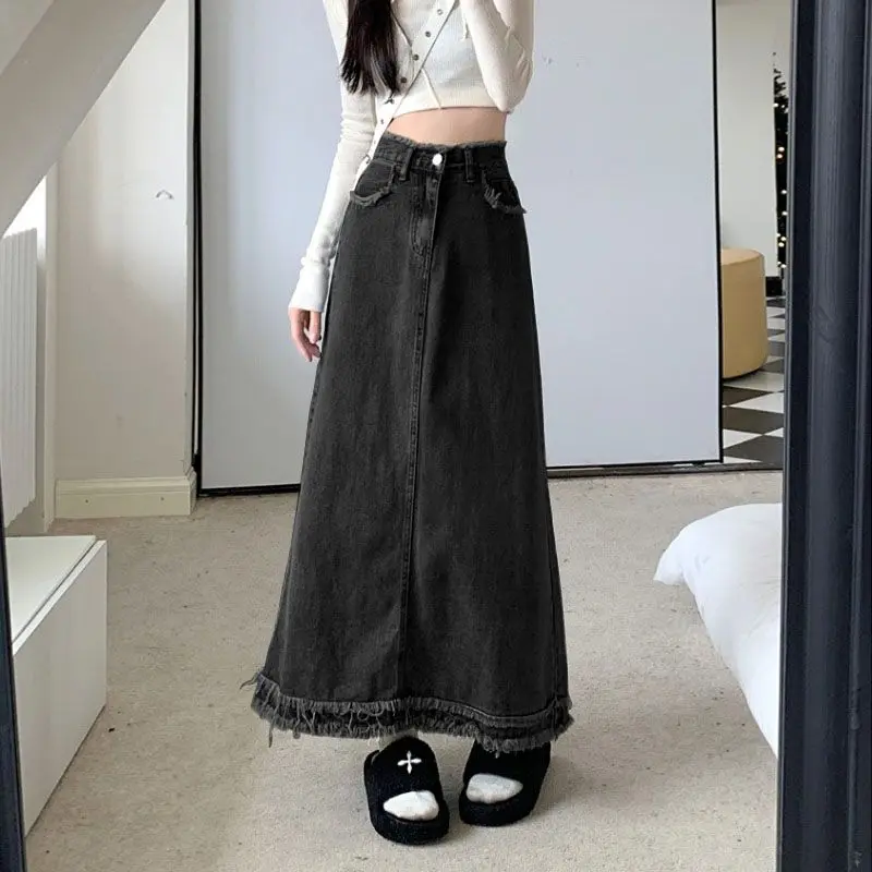 [long denim skirt without slit]New Mid-Length Skirt Denim Skirt Women 2024 Summer Pear Shapes High Waist Straight High Class French Fishtail Skirt Clothing No Slit Denim Long Skirts