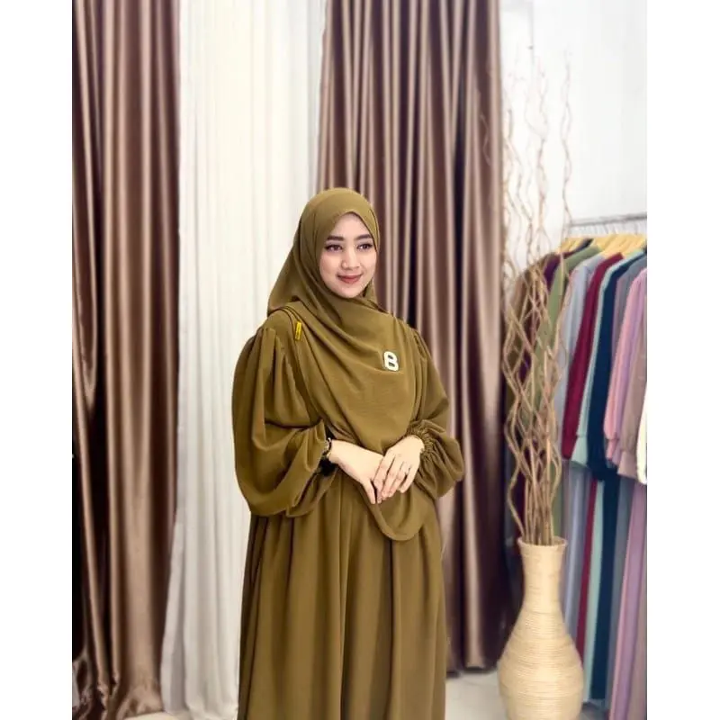 Gamis Set Hijab Salma Fashion Syari Bahan Crinkle Airflow - Gamis Elegan Simple - Gamis Terbaru 2024 Viral