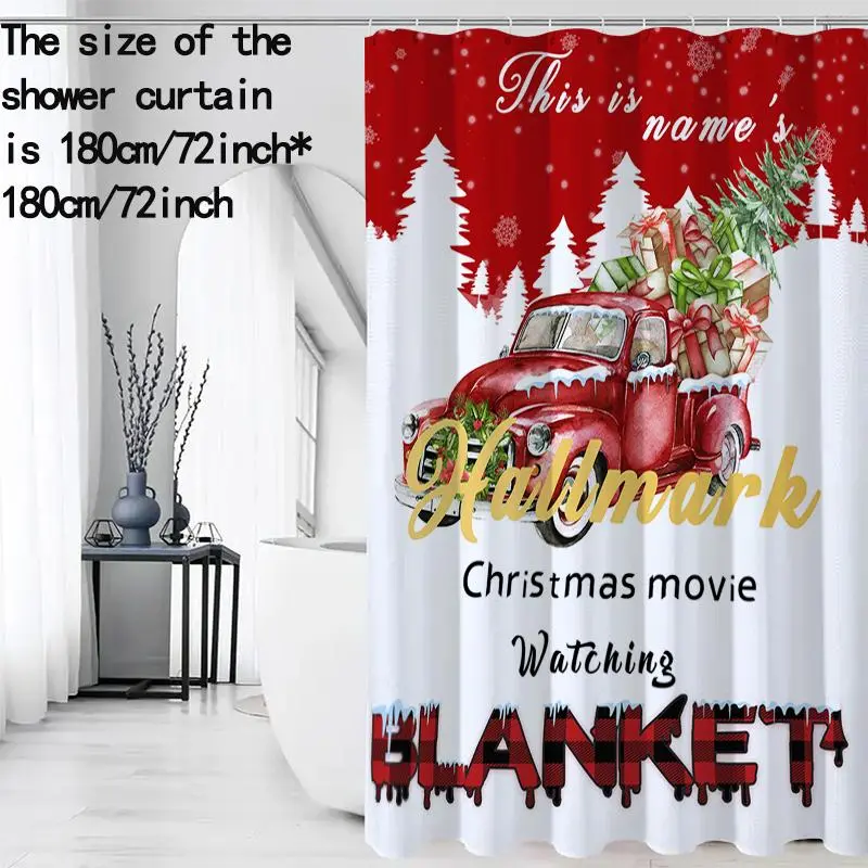 Christmas Themed Car & Tree Pattern Shower Curtain, 1 Count Waterproof Bathroom Curtain with Hooks, Bathroom Decor Supplies for Home Hotel Salon Dormitory 2
