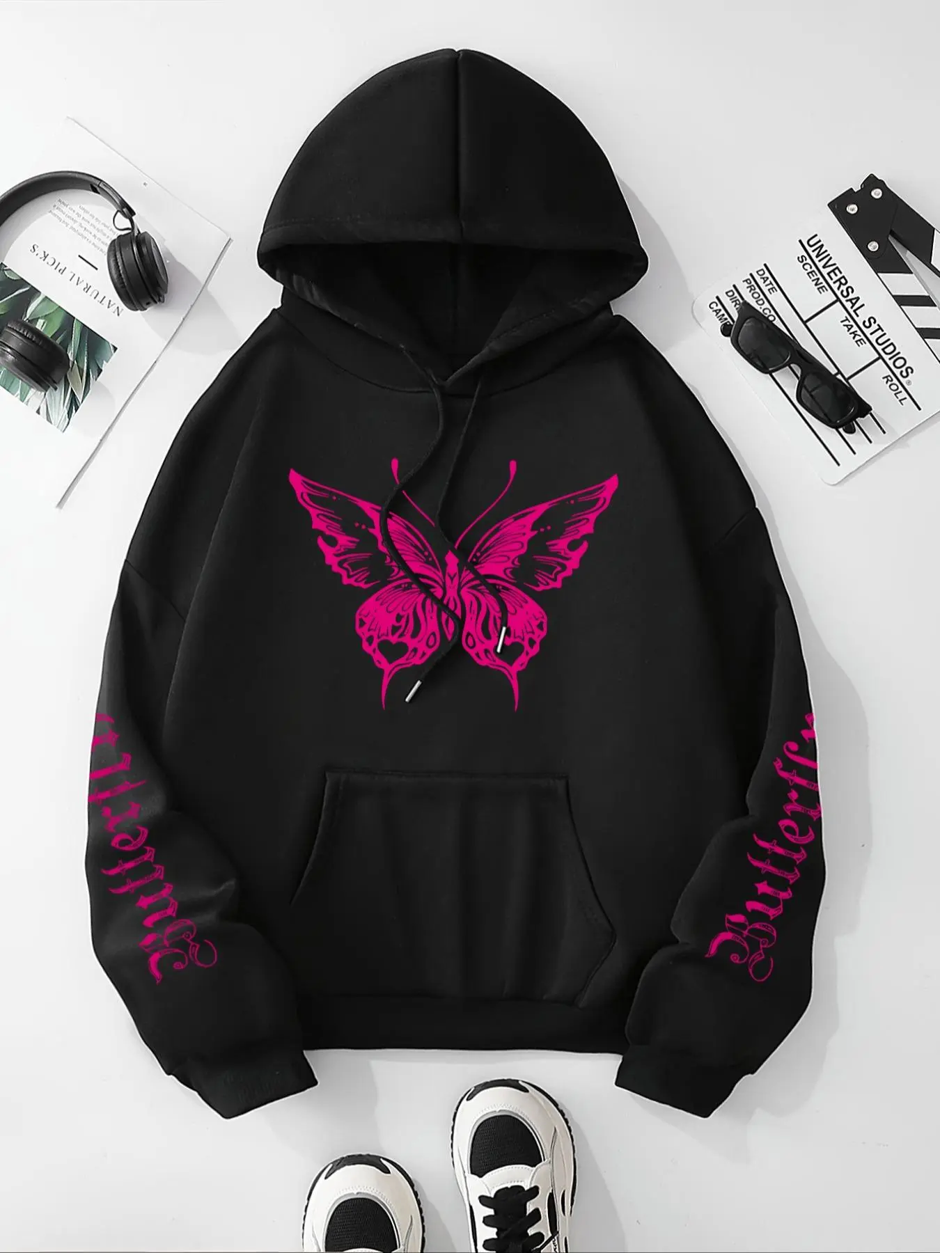 Butterfly & Letter Print Drawstring Pocket Drop Shoulder Hoodie, Hooded Long Sleeve Pullover for Daily Holiday Outdoor Wear, Women's Clothes for Fall & Winter